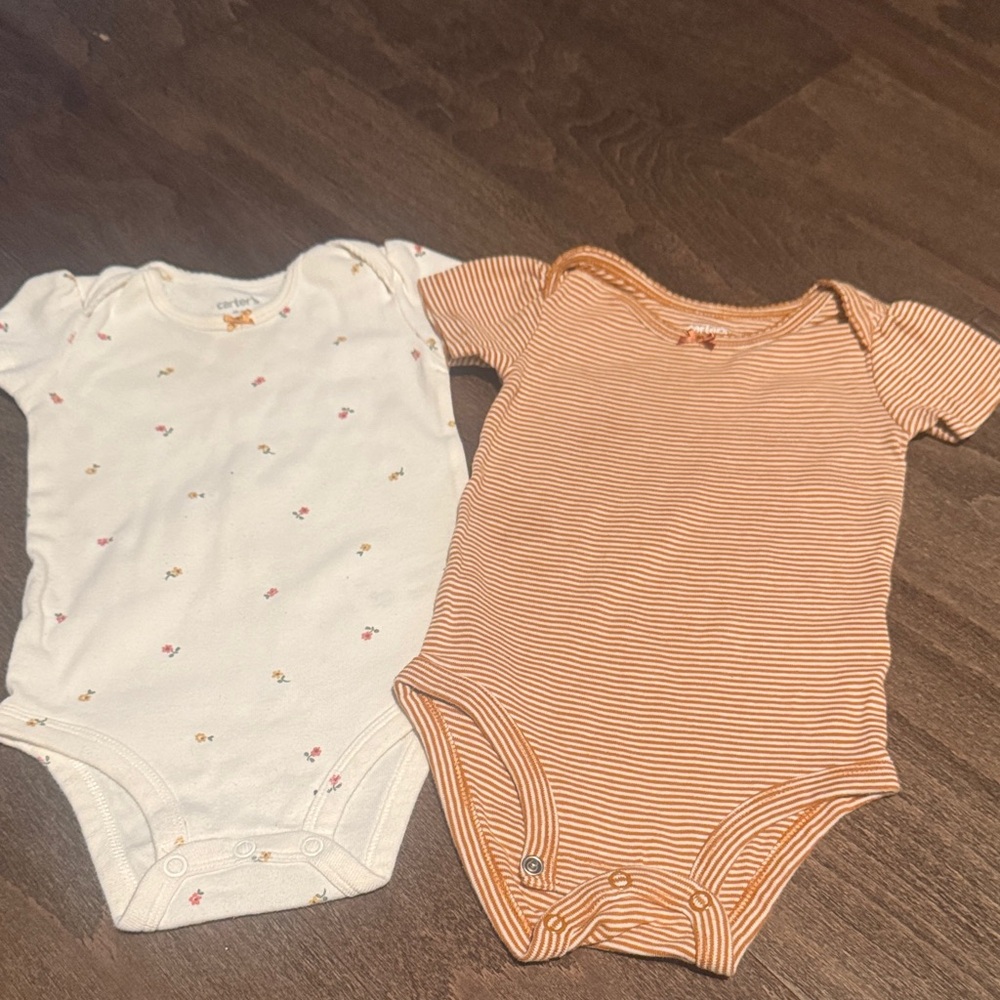 Carter's White Floral and Orange Striped Bodysuits-Size 9 months